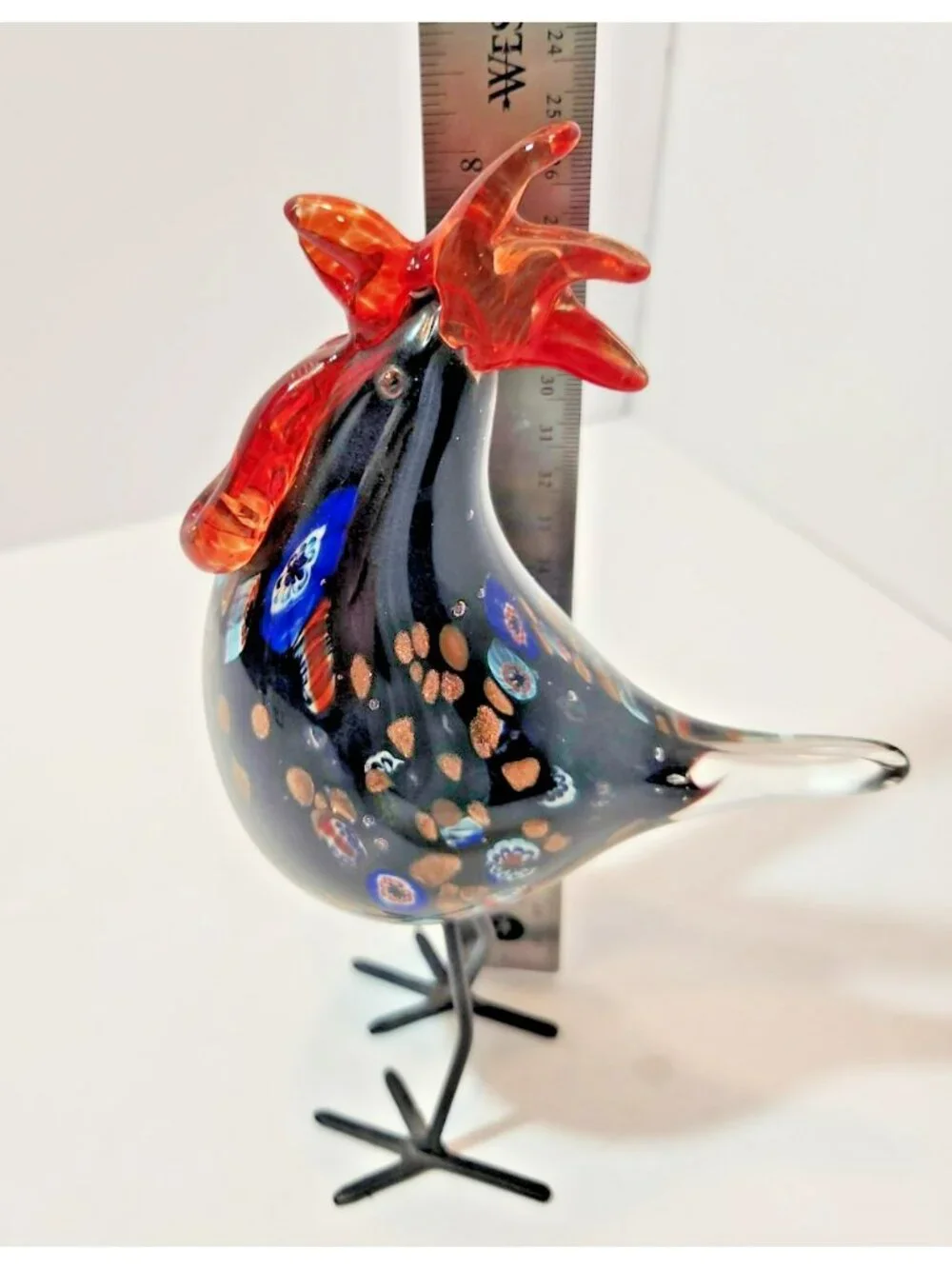 Vintage Murano Style Hand Blown Art Glass Rooster Multicolor Figurine 8.5